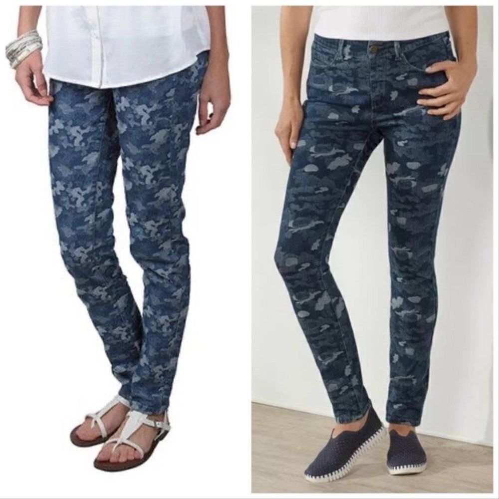 Soft Surroundings Camo Jeans Camouflage Blue Denim Skinny Straight‎ Leg Size XS